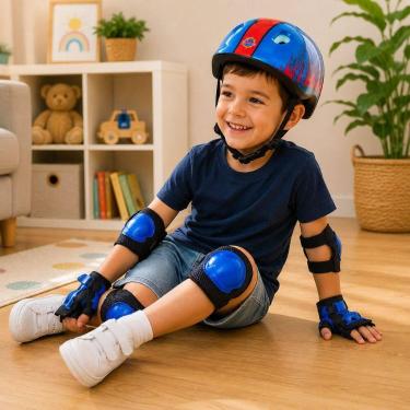 Imagem de Kit Proteção e capacete Infantil Completo 7 peças - azul e vermelha - 