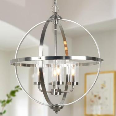 Imagem de Treekee Lustre globo de 50 cm lustres de níquel escovado, lustre de esfera moderno de 4 luzes, luminária suspensa luxuosa com sombra de vidro, luz pendente para sala de jantar, entrada e sala de estar