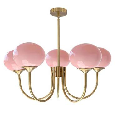 Imagem de BOKT Lustre Sputnik com 5 Luzes Douradas Globo Moderno Vidro Rosa Luzes Pendentes Sputnik Ilha de Cozinha Meados do Século Vintage Latão Escovado Lustre de Bola Luminária para Quarto, Sala de Jantar e