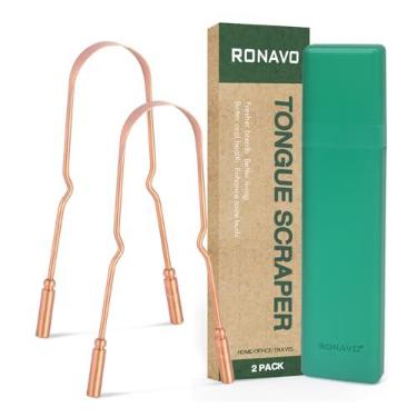 Imagem de RONAVO Raspador de língua de cobre para adultos (pacote com 2), 100% cobre puro, naturalmente antimicrobiano, elimina o mau hálito e mantém a higiene oral, limpador de língua com estojo de viagem
