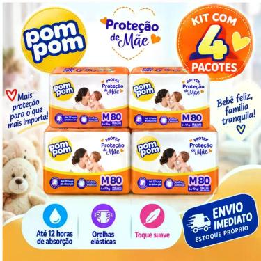 Imagem de KIT 4 Fraldas Pom Pom Derma Protek Hiper Tamanho M Com 80 unidades