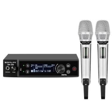 Imagem de SOMLIMI EM-300 UHF Sistema de micrófono inalámbrico Profesional de 2 Canales 2 de Mano para Cantar Escenario Actuaciones Inicio KTV Partido Mostrar Rap Karaoke Boda Iglesia (EM-300-branco)