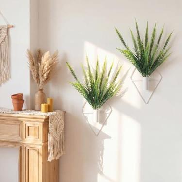 Imagem de Canlierr 2 peças de decoração de parede com plantas artificiais, vaso suspenso de metal, suporte de plantas internas, arte moderna de parede boho para banheiro, quarto, sala de estar (branco