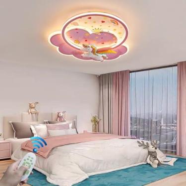Imagem de Luminária de teto rosa com controle remoto, LED moderno e dimerizável, para quarto infantil, com decoração criativa de unicórnio e nuvem. Ideal para cozinha, quarto de menina e outros ambien