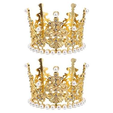 Imagem de SOIMISS Cake Decoration 2Pcs Birthday Crystal Pearl Mini Cake Tiara Vintage Cake Decoration for Children ( Golden ) Baby Shower Decoration