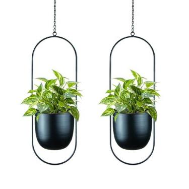 Imagem de HemePaha Plantadores de Metal Pendurados, Conjunto de 2 Ganchos Orais Pretos com Vasos de Flores, Vaso Minimalista para Decoração de Casa Interna e Externa (Oval, 2 Pacotes, Preto)