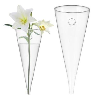 Imagem de BESTYASH Vaso circular de vidro transparente para pendurar na parede, decoração de flores, design em forma de cone para quarto e escritório, suporte de flores feito à mão para ambientes internos
