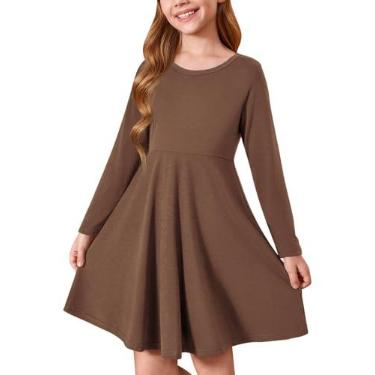 Imagem de Haloumoning Vestidos infantis de manga comprida para meninas outono linha A vestidos de Natal Skater Twirly 5-14 anos, Café, 13-14 Anos