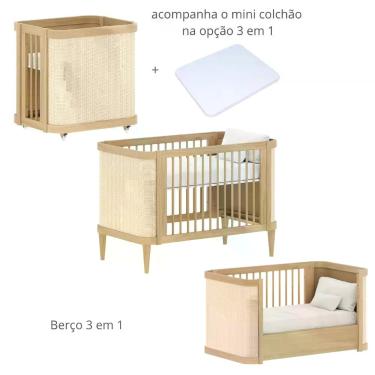 Imagem de Berço de Madeira Maciça 3 em 1 Mini Berço e Mini Cama Tela Rattan Palh