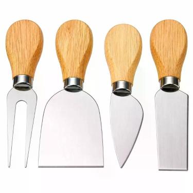 Imagem de Kit para Queijo e Petiscos 4 Peças Aço Inox e Madeira Faca Garfo Tábua Servir Frios Vinho Presente Casa Elegante Utimix