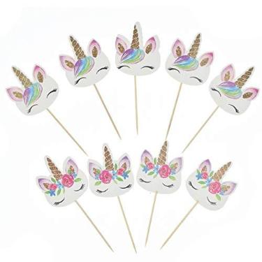 Imagem de TKMOS Pacote com 72 topos de cupcake de unicórnio arco-íris, topo de cupcake de unicórnio dupla face, glitter Pegasus para festa de cupcake, decoração de casamento