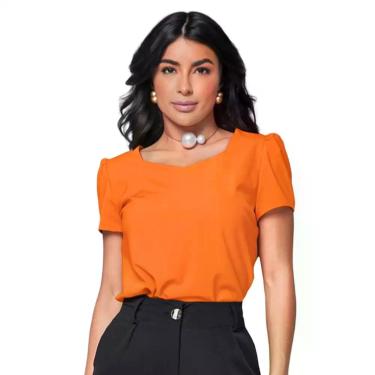 Imagem de Blusa Social Feminina Manga Curta Bufante Decote Princesa Crepe Elegan