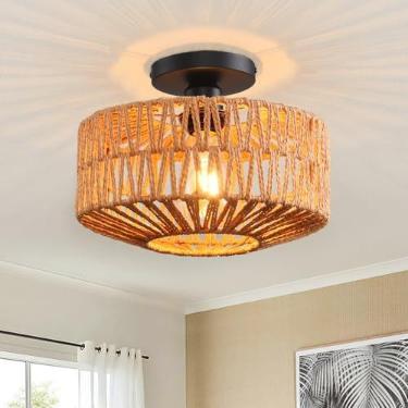 Imagem de KENMI Luminária de Teto, Luz de Teto em Rattan Tecida à Mão, Montagem Embutida, Luminárias Estilo Fazenda para Corredor, Quarto, Cozinha, Hall de Entrada, Sala de Estar