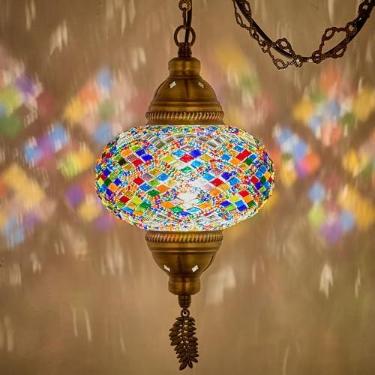 Imagem de DEMMEX Luminária pendente de teto mosaico marroquino turco, 18 cm, multicolorida, com plugue e corrente de 4,5 m