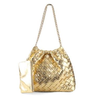 Imagem de RHEBER Sacola de tecido para mulheres, grande, de verão, praia, Hobo, bolsa de ombro feita à mão com alça superior com bolsa, Dourado, Large