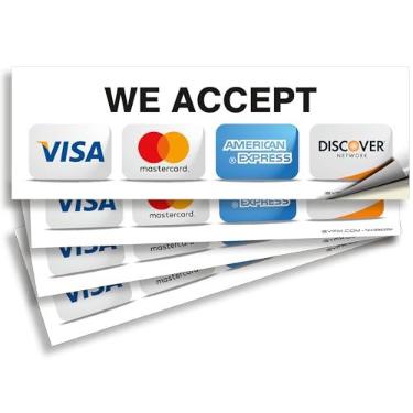 Imagem de Adesivos de placas de cartão de crédito – Pacote com 4 adesivos de 22,86 x 7,62 cm – Aceitamos Visa, MasterCard, Amex e descoberta, vinil autoadesivo premium, laminado, UV, clima, arranhões, água e resistência ao desbotamento