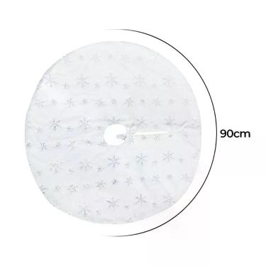 Imagem de Saia para Árvore de Natal de Veludo Pelo Alto Branco 90cm com Flocos de Neve Decorativa Wincy