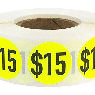 Imagem de Adesivos de preço de $15 em amarelo fluorescente de 0,75 cm com pontos redondos de círculo total de 500 adesivos