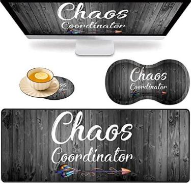 Imagem de Mouse pad grande para jogos + almofada de suporte de pulso + porta-copos de café, tapete de mesa dobrável com borda costurada, almofada antiderrapante adequada para trabalho de escritório e casa