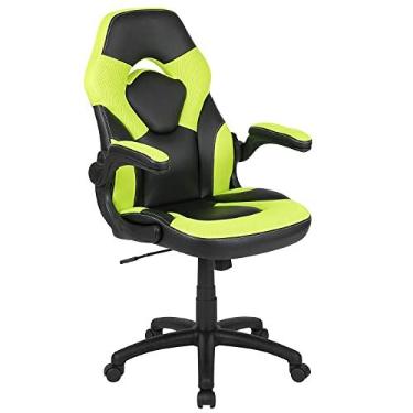 Imagem de Flash Furniture X10 Cadeira para jogos de corrida, escritório, ergonômica, PC, cadeira giratória ajustável com braços flip-up, verde neon/couro preto macio