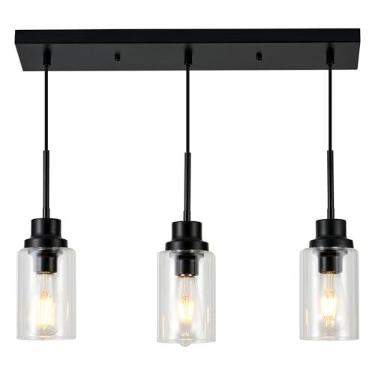 Imagem de LIGOTFIRE Luminárias pendentes de 3 luzes, iluminação moderna de ilha de cozinha preta com sombra de vidro transparente, lâmpada de teto suspensa ajustável