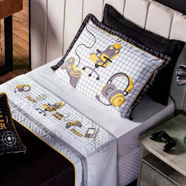 Imagem de Jogo De Cama Lençol Solteiro Game Streamer Branco Com Fronha E Virol Estampados 03 Peças - Tecido Percal 200 Fios