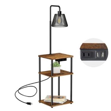 Imagem de Pazarfami Luminária de chão com mesa e prateleiras, mesa lateral com porta de carregamento USB e tomada, mesa de cabeceira moderna com luminária para sala de estar, quarto, quarto de hóspedes, lâmpada