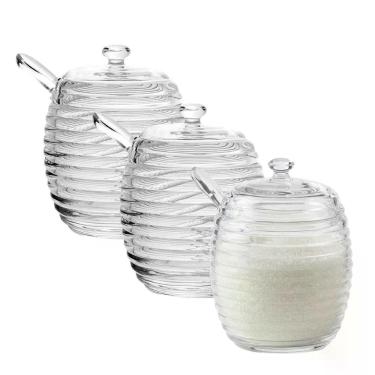 Imagem de Kit 3 Açucareiro de Cristal Colmeia com Colher e Tampa Porta Açúcar 210ML Transparente Lyor