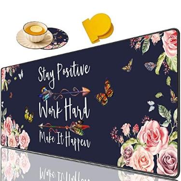 Imagem de Mouse pad grande para jogos + porta-copos de café + clipe de alça redonda, mantenha o trabalho positivo e faça acontecer tapete de mesa dobrável com borda costurada, tapete antiderrapante adequado para trabalho de escritório e casa
