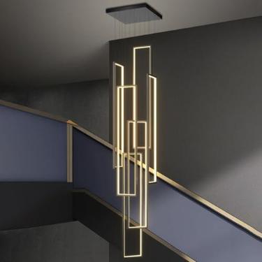 Imagem de Luminária pendente LED moderna regulável com controle remoto, altura ajustável, 230 W, lustre longo de escada, luminária de teto alto para foyer de hotel, lustre retangular de 6 anéis, preto