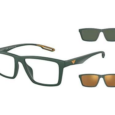 Imagem de Emporio Armani Armação masculina Ea4189u de ajuste universal com dois clipes de sol intercambiáveis retangulares, Verde fosco/transparente/verde escuro/laranja espelhado, 55 mm