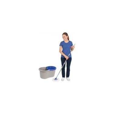 Imagem de Mop Giratório 360º com Balde Duplo, Haste Ajustável em Aço Inox, Refil Microfibra, 8 Litros, Cinza e Azul, 130cm