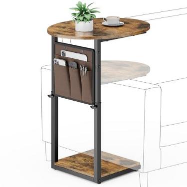 Imagem de Vagusicc Mesa Lateral Em Formato De C, Pequena Com Altura Ajustável Para Sofá E Poltrona Reclinável, Bandeja Deslizante 32" Bolsa Armazenamento Sala Estar Quarto, Marrom