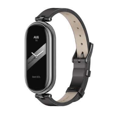 Imagem de MIJOBS Pulseira de couro genuíno para Xiaomi Mi Band 8/Mi Band 9, pulseira respirável para SmartWatch, estilo milanês e miçangas, aço inoxidável, preto, 21 cm