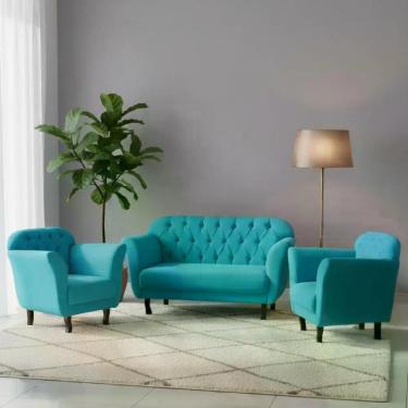 Imagem de Kit Namoradeira + 2 Poltronas Decorativa Dália Suede Azul Turquesa Pés