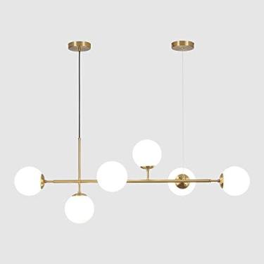 Imagem de Lustres de vidro leitoso com 6 lâmpadas, lustre moderno em formato de globo linear, luminária pendente branca e dourada, lustre retangular de meados do século XX, luminárias de ilha Sputnik