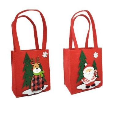 Imagem de Kit 2 Sacolas com Alça Feltro Decorado Natal Papai Noel e Rena 30cm - 
