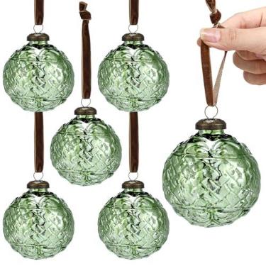 Imagem de Threan 6 peças de enfeites de Natal de vidro mercúrio verde, decoração de | Decoração vintage de bola de vidro em relevo, conjunto de ornamentos antigos de 8 cm, casa, árvore de Natal, guirlanda