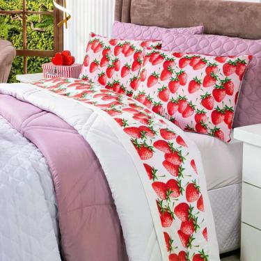 Imagem de Jogo De Cama Lençol Solteiro Morangos Branco Com Fronha E Virol Estampados 03 Peças - Tecido Percal 200 Fios