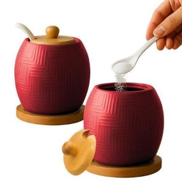 Imagem de Açucareiro Saleiro De Cerâmica Com Tampa De Bambu E Colher 250ml - Wel