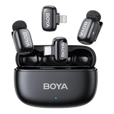 Imagem de Microfone Sem Fio Boya Mini-12 Lapela Android/iOS, Preto, Conector USB-C e Lightning, Perfeito para Gravações e Transmissões ao Vivo, Áudio Profissional, Design Compacto