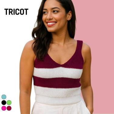 Imagem de Blusa Regata Cropped Tricot Feminino Gola V com Detalhe Bicolor Modern