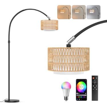 Imagem de Luminária de chão de arco com controle remoto, luz de LED regulável com 3 temperaturas de cor, lâmpada de pé preta com cortina de tambor duplo em vime e tecido, luminária de chão alta Boho Farmhouse