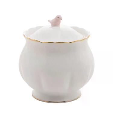 Imagem de Açucareiro Fio Dourado Branco com Tampas Birds em Porcelana para Mesa Wolff 300ML