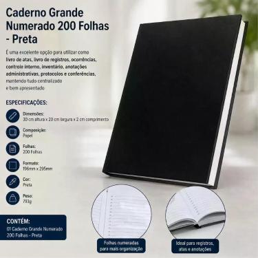 Imagem de Caderno Grande Numerado 200 Folhas Capa Dura Preta Livro de Atas Regis