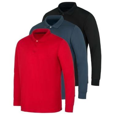 Imagem de Real Essentials Pacote com 3 camisetas polo masculinas de manga comprida e ajuste seco para golfe (disponível em tamanhos grandes e altos), Conjunto 6, 3X Alto