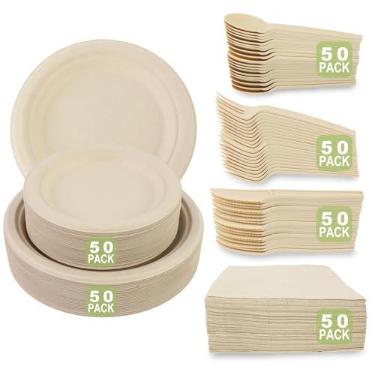 Imagem de Diihossbox Conjunto De 300 Pratos Papel Biodegradáveis (50 Conjuntos), Louça Descartável Resistente E Ecológico, Inclui Pratos, Garfos, Facas, Colheres Guardanapos Para Festa Aniversário Acampamento