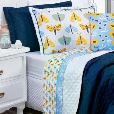 Imagem de Jogo De Cama Lençol Casal Padrão Borboletas Branco/azul Com Fronhas Estampadas 04 Peças - Percal 200 Fios