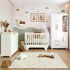 Quarto de Bebê com Berço Mini Cama, Cômoda 1 Porta 4 Gavetas e Roupeir
