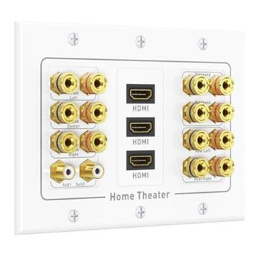 Imagem de Placa de parede para alto-falante Cable Matters Triple Gang 7.2 com HDMI (placa de parede para home theater, placa de parede para plugue banana) em branco
